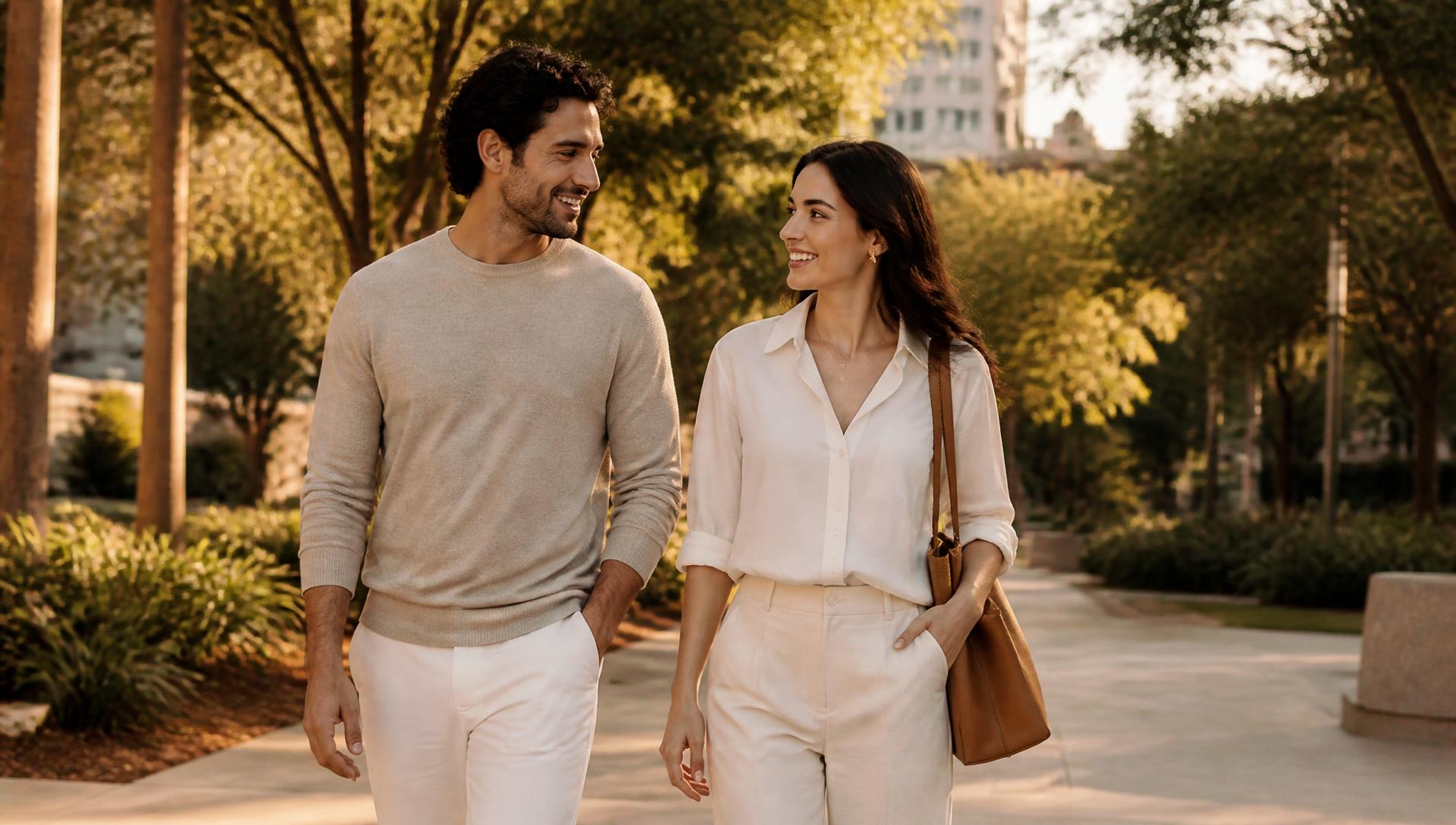 Two people walking outdoors in warm late afternoon light