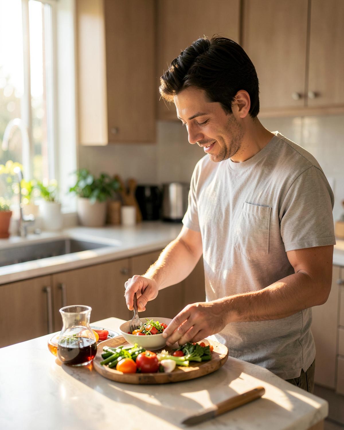 A person preparing a fresh, balanced meal in a sunlit kitchen